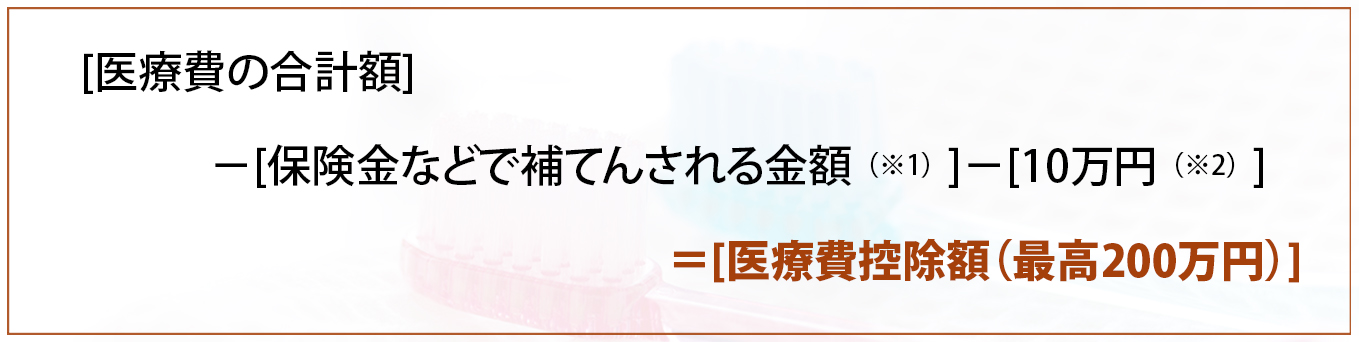 [医療費の合計額]－[保険金などで補てんされる金額（※1）]－[11万円（税込）（※2）]＝[医療費控除額（最高220万円（税込））]